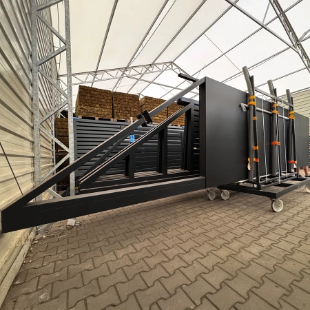 OUTLET - Brama przesuwna aluminiowa - pełna 5000mm x 1500mm, grubość 48 mm, (blacha dwustronna - 4mm) LEWA - RAL7021 (mat struktura) - przeciwwaga niezabudowana + słupy